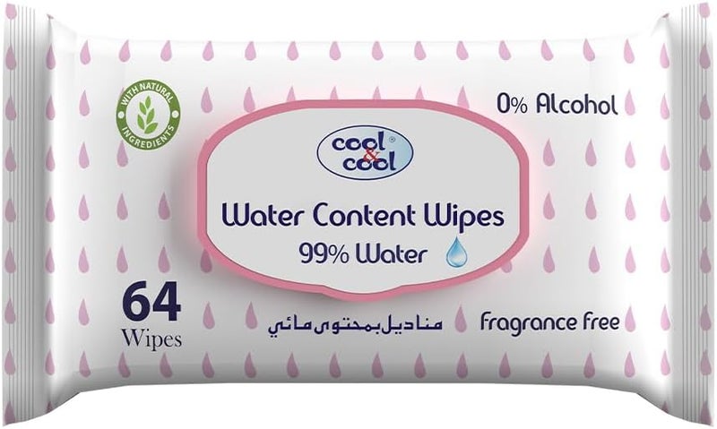 Cool & Cool Water Content Wipes - 64 Count, 99% Water, Fragrance Free - Image 1